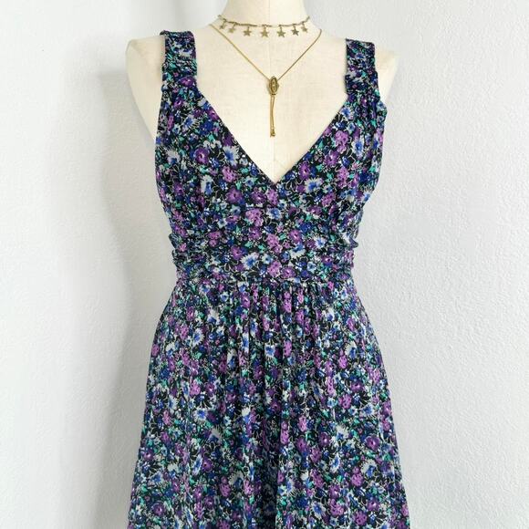 Y2k Dark Floral Deep V-Neck Bubble Hem Sun Mini Dress with Waist Tie - Picture 4 of 8